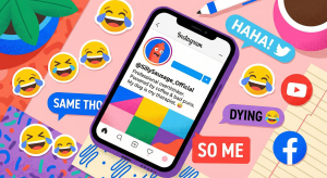 A smartphone displaying an Instagram profile with a funny bio, surrounded by laughing emoji and colorful social media icons.