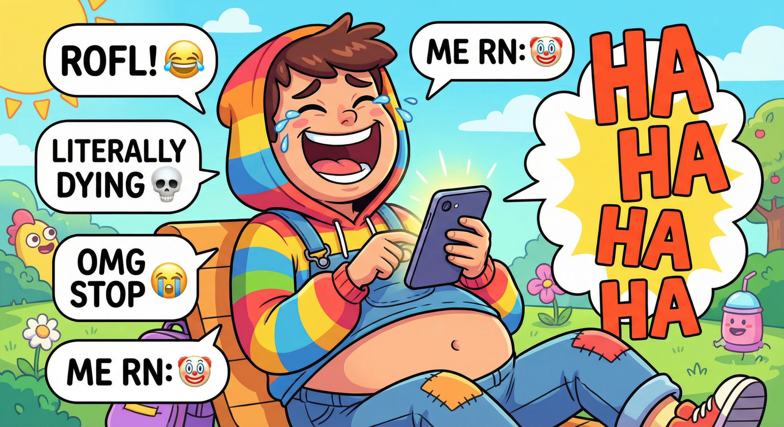 A cartoon person laughing while typing a funny Instagram bio on their smartphone, with speech bubbles showing witty phrases.